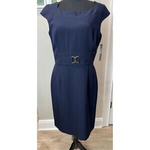 NWT Tahari Navy Sheath Dress Sleeveless Career Belt Accent Gold Office Size 8
